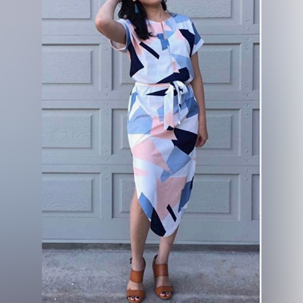 Geometric V-Neck Belted Dress